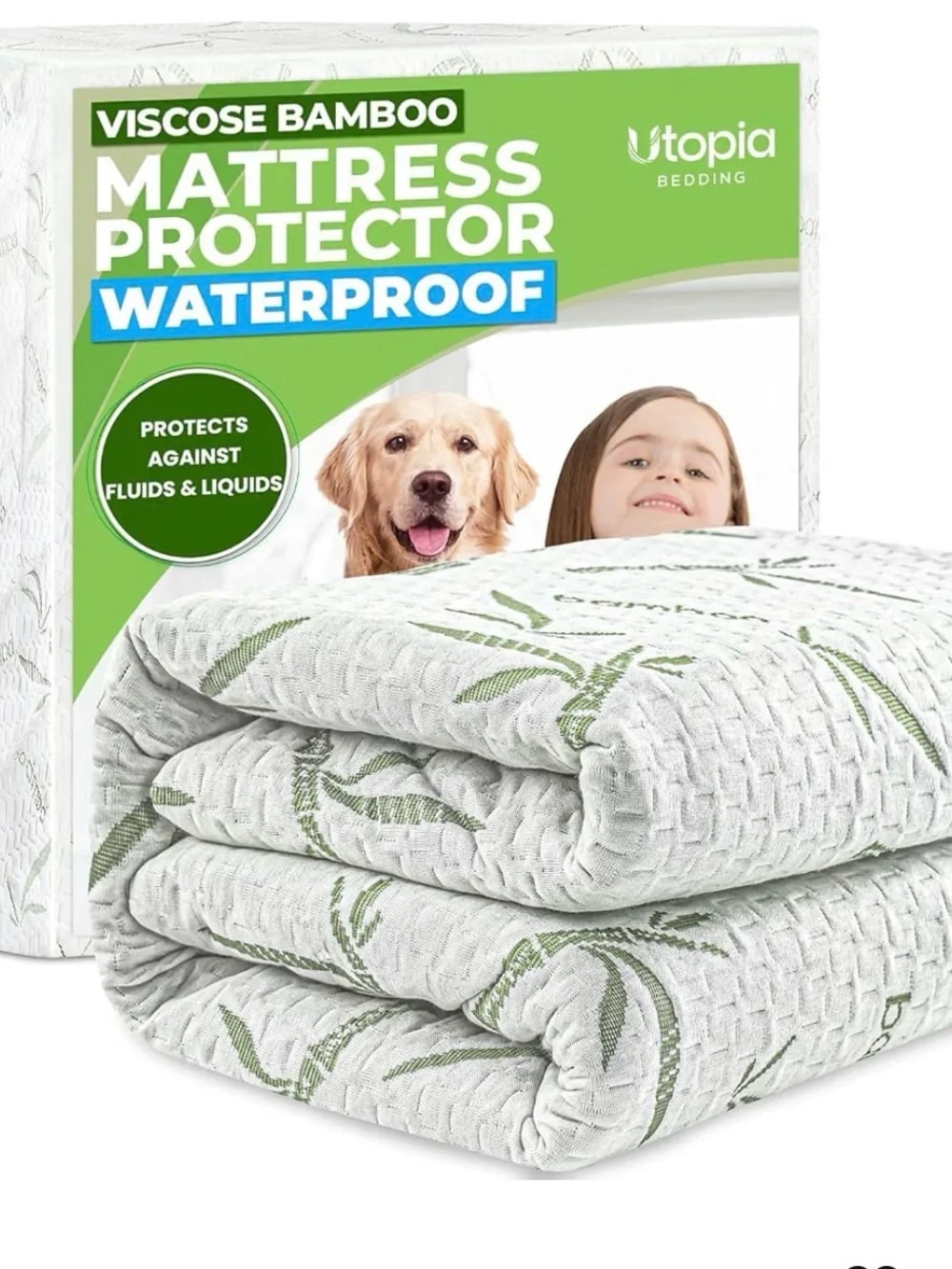 Waterproof Viscose Bamboo Mattress Protector - White with Green